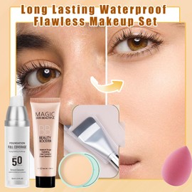 2PCS Color Changing Liquid Foundation Makeup,Flawless Full Coverage Foundation with Makeup Brush and Sponge,Non-greasy Long Lasting Moisturizing SPF50 PA+++ Face Sunscreen for Women(B)