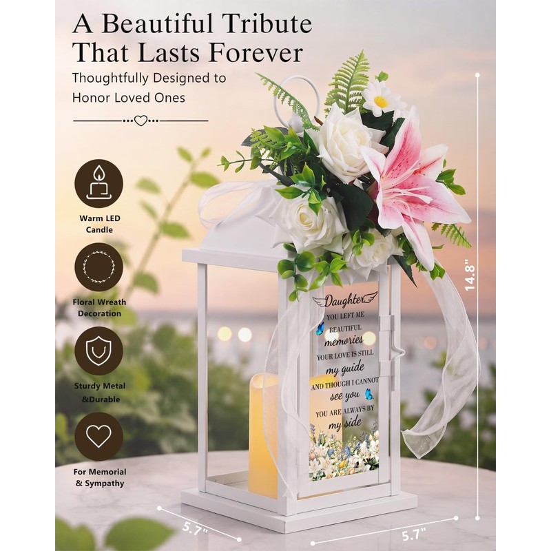 Memorial Lantern with Flower, Sympathy Gift for Loss of Daughter,