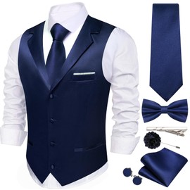 Barry.Wang Dark Blue Vest Tie Set for Men Solid Color Suit Vest Necktie Cufflinks Bow Tie Set Formal Business Wedding Party