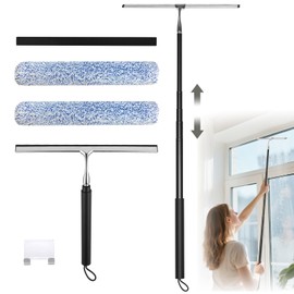 Squeegee for Shower Glass with Long Handle – Extends 13" to 48", Includes 2 Towel Sleeves, Replacement Silicone Blade & Hook, 14" Wide Blade for Glass, Mirrors, Windows & Tile Walls (Black)