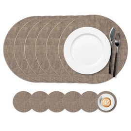 BWBIKE Round Placemats Set of 6, Faux Leather Place Mats with 6 Matching Circle Shaped Coasters Washable Wipeable Table Placemats Heat Resistant Non-Slip Table Mats, Coffee