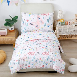 STYHO Flower Toddler Bedding for Cot Bed Butterfly Print Duvet Cover Sets Reversible Colorful Floral Plants Pattern Comforter Cover with Zipper Closure(White/Pink, Cot Bed)