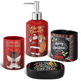 Teenyyou Christmas Black Santa Bathroom Accessories Set of 4, Black Santa Xmas Bathroom Decor Include Black Santa Soap Dispenser Angel Tumbler Holly Berry Toothbrush Holder & Soap Holder(Black Santa)