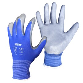 ANSIO 24 Pairs, XL Size PU Coated Nylon Non Slipy Safety Work Gloves Handling Gloves with secure GriP Blue/Grey Gloves (Pack of 24 Pairs) Size 10