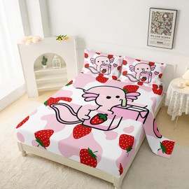 QOOMO Cartoon Axolotl Bedding for Boys and Girls Pink Cow Print Kids Sheets Set Strawberry Milk Breathable Room Decoration Queen Size 1 Fitted Sheet, 1 Flat Sheet, 2 Pillow Cases