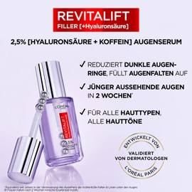 L'Oréal Paris Augenserum mit 1,5% Hyaluronsäure und 1% Koffein für eine strahlende Augenpartie, Mit kühlendem Kugel-Applikator, Revitalift Filler Augenserum, 1 x 20 ml