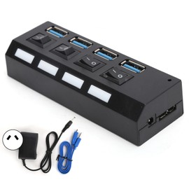 USB 3.0 Hub 4‑Port Expander Date Hub with Individual Power Switches for Keyboard Wide Voltage 100‑240VAU Plug