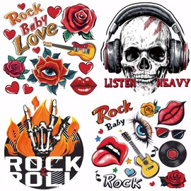SUPERDANT 4PCS Rock Iron on Transfer Paper Skeleton Heat Transfer Sticker Washable Iron on Decals for Rock Music Enthusiast T Shirts DTF Transfers Ready to Press for Clothing Hoodie Jackets DIY Gift