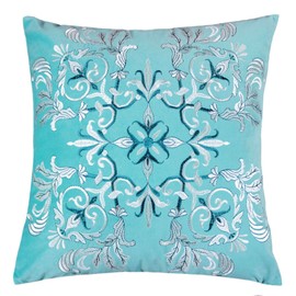 Homey COZY Embroidery Turquoise Velvet Throw Pillow Cover,Ocean Series Blossom Floral Bright Spring Nautical Decorative Pillow Case Coastal Beach Theme Home Decor 20x20,Cover Only
