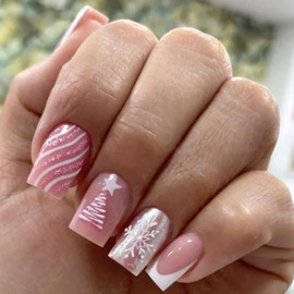 24Pcs Christmas Press on Nails Short Square Fake Nails White French Tip Nails with Snowflake Christmas Tree Designs Pink Glitter Curve Lines False Nail Winter Glossy Stick on Nail for Women