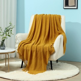 CREVENT Knitted Decorative Throw Blanket for Couch Sofa Chair Bed，Soft Warm Cozy Light Weight for Spring Summer (127cm X 152 cm Mustard Yellow)