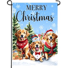 DECORLUXES Merry Christmas Dogs Garden Flag Golden Retriever 12x18 Inch Double Sided Outside, Winter Festive Holiday Yard Outdoor Decorative (1 Garden Flags)
