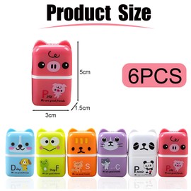 DHWEKU Cute Eraser for Kids, 6 Pieces Cartoon Animal Pencil Erasers Rubber Kids Erasers with Shaving Rolls Case Animal Motif Eraser for Kids Party Gifts School