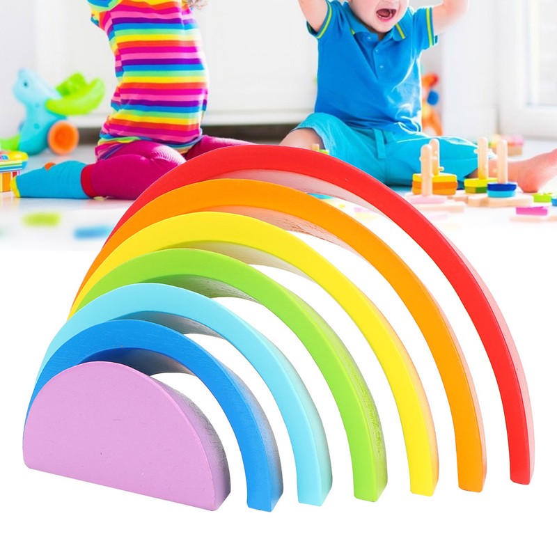 Wooden Rainbow Colored Arch Bridge Building Blocks DIY Assembly Educational