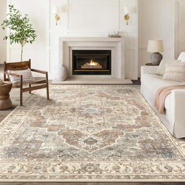 Micgeek 9x12 Washable Area Rug: Vintage Neutral Soft Non Slip Thin Large Floor Carpet for Living Room Bedroom Kitchen Dining Room Home Office Farmhouse Indoor - Beige Brown