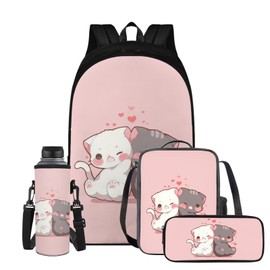 Wiryuouvt Cute Cat Backpack for Girls Boys Backpack with Lunch Box Water Bottle Pouch and Zipper Pencil Case 4PCS Set Bookbag with Pockets for School 17 inch Large Capacity School Bag