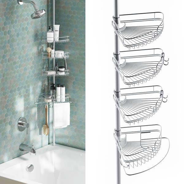 Zenna Home Rust-Resistant Corner Shower Caddy for Bathroom, 4 Adjustable Shelves with Towel Bar and Hooks, with Tension Pole, for Bath and Shower Storage, 60-97 Inch, Chrome
