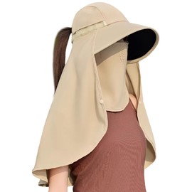 BSYLOO Women's UV Protection Sun Hat,UPF50+, Large Brim & Cape with Face Mask & Shawl, Perfect for Hiking,Outdoor & Travel Khaki