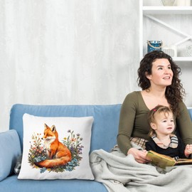 JINYO Floral Fox Pillow Covers 18x18 Inches, Fox Decor, Cottagecore Wildflower Botanical Fox Pillow Covers, Cottagecore Home Room Decor, Forset Animal Decor