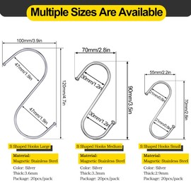 MgcTolBox 20PCS S-Shaped Hooks, Premium Stainless Steel Metal Hanging Hooks Multi Function, Heavy-Duty Hangers for Kitchen Office Bathroom Bedroom (Silver, Medium)