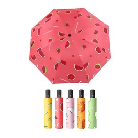 Umbrella for Rain and Sun with UV Protection, Bright Color Fruit-Themed Design, Automatic Three Folding, Lightweight Compact Travel Umbrella, Fits Any Bag, Waterproof for Sun & Rain, Folded 28cm, Ideal for All Ages (Red - Watermelon)