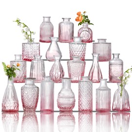 Glass Bud Vase Set of 20 - Small Vases for Flowers in Bulk - Assorted Vintage Crystal Vases for Flowers, Table Centerpieces (Pink, 20 Pcs)