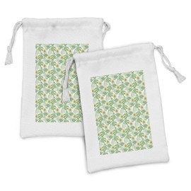 Ambesonne Gardening Fabric Pouch Set of 2, Buttercup Flowers Field Leaf Botany Flourish in the Yard Summer, Small Drawstring Bag for Toiletries Masks and Favors, 9" x 6", Green and Pastel Yellow