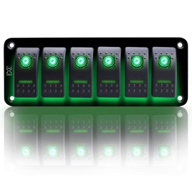 FXC Rocker Switch Aluminum Panel 6 Gang Toggle Switches Dash 5 Pin ON/Off 2 LED Backlit for Boat Car Marine Green