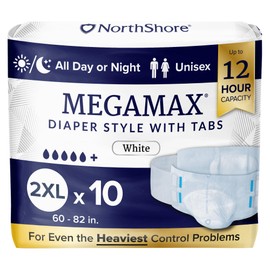 NorthShore MegaMax Adult Overnight Diapers, 12-Hour Tab-Style, 2X-Large, 10 Count Bag, White, 60-82 inches, Unisex Incontinence Underwear