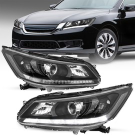 SOCKIR Headlight Assembly Replacement w/LED DRL for 2013 2014 2015 Honda Accord 4-Door HeadLamp Sedan Left Driver & Right Passenger Side Black Housing with Clear Reflector