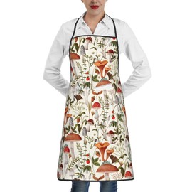 TNOKKU Boho Mushroom Decor Kitchen Chef Apron With Pockets Women Men For Cooking Grilling Bbq Painting Botanic Plant Beige Bib Apron