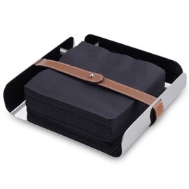 Nambe - Tahoe Collection Stainless Steel Napkin Holder with Raised Edges and Leather Clasp 7" x 2" - Leather Accent is Removable