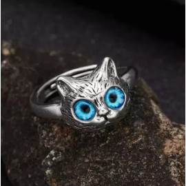 Unbranded Cute Cat Blue Eye Silver Ring, Adjustable Size, Kitten, Fun