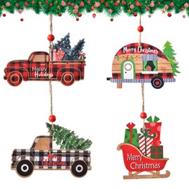 Larfraecy 4Pcs Creative Car Shape Pendant,Christmas Tree Hanging Ornaments,Wooden Car Christmas Tree Hanging Decoration,Christmas Theme Baubles Ornament for Happy New Year Holiday Decorations