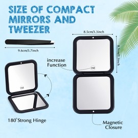 Geetery Travel Compact Magnifying Mirror with Tweezers, 1X/15X Magnification, 3.35'' x 3.35'' Pocket Size, Folding Makeup Mirror, Portable for Travel and Purses (Black)