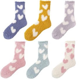 PangWuu 6 Paar Kuschelsocken Damen, Warme Socken für den Winter, Flauschige Socken, Flauschige Schlafsocken in Verschiedenen Farben, Ideal als Geschenk für Weihnachten oder Geburtstag, (Herz-Muster)