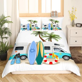 Beach Vacation Theme Bedding Set for Children Kids Boys Girls Beach Coconut Tree Skateboard Motorhome Print Duvet Cover, Modern Travel Microfiber Beds Cover 2 Pcs Single