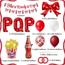 She's Ready to Pop Baby Shower Decorations – 64Pcs Retro Soda Popcorn Red Bow Foil Balloons, Banner, 4 Color Latex Balloons for Baby Shower Decor, Mom-to-Be’s Sprinkling or Labor Party