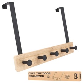 Badiano Over The Door Hook Hanger, Bamboo Coat Rack with 4 Metal Hooks, Wood Clothes Organizer for Coat, Towels, Bags, Robes (WhiteWhite)