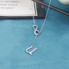 Collar de diamantes Infinity Lariat para mujer en plata de ley 925, collar con colgante de alfabeto de plata para mujer con detalles de diamante, disponible en letras de la A a la Z, cadena de cable