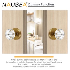 naubea 4 Pack Antique Brass Door Knob Dummy Door Knobs Crystal Door Knobs Interior, Old Style Door Knob Round Glass Door Knob Antique Door Handle for Pantry Closet Bifold Door Knob