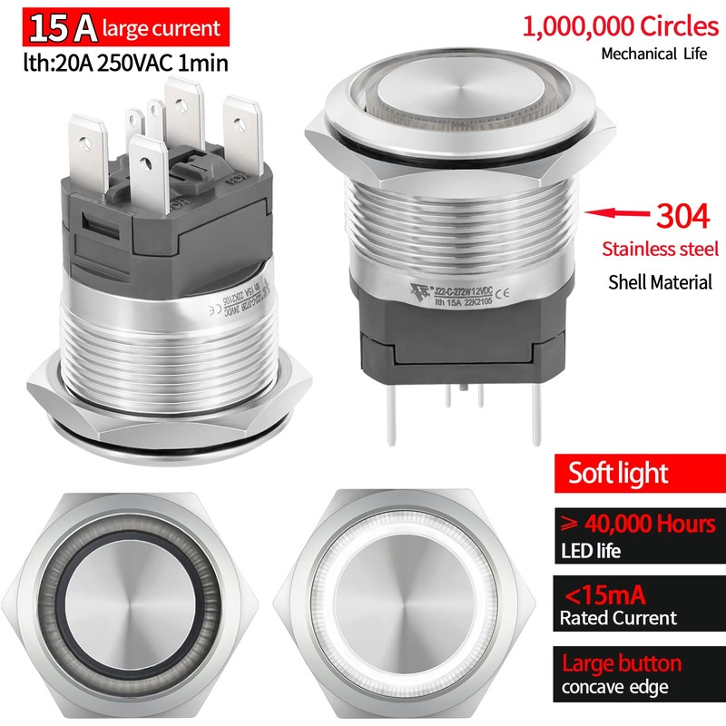 15Amp 22mm Latching Push Button Switch White 12VDC 2NO DPST