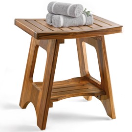HOLANA 18" Teak Shower Bench for Inside Shower - Wooden Shower Stool Benches Waterproof for Shaving Legs - Bench Seat with Storage Towel Shelf for Bathroom - Tub Bench Chair Spa Bath (Teak Wood)