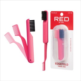 Red by Kiss 2-in-1 Foldable Comb & Edge Brush with Travel Case, Compact Palm-Sized Design, 100% Soft Boar Bristles for Smooth Hair & Edge Control, Portable Hair Styling Tool (Pink)