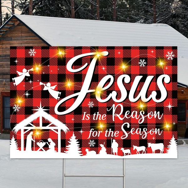 Christmas Holy Nativity Yard Sign with LED Lights Jesus Is