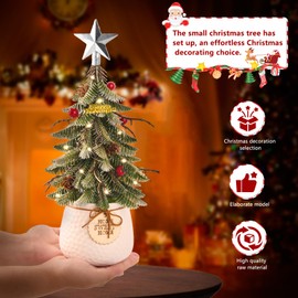 Artificial Mini Christmas Tree Tabletop Decorations,13 Inch Small Xmas Tree with Red Berry Ornaments for Table Top Office Desk Classroom Room Holiday Christmas Decor (Silver Star)