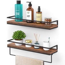 Meangood Floating Shelves Wall Mounted Set of 2, Wall Shelf with Towel Bar Rustic Wood Wall Storage Shelves for Bedroom,Living Room,Bathroom, Kitchen Rustic Brown
