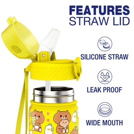 GOPPUS 550ml/18oz Kids Insulated Water Bottle with Straw Cute Double Wall Stainless Steel Child's Small Flask Vacuum Insulated Steel Metal Leak Proof Drink Flask Boys Toddler Girls Bottles BPA-Free