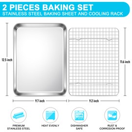 E-far Stainless Steel Baking Sheet with Wire Rack Set, 12.5” x 9.7” Cookie Sheet Broiling Pan for Oven, Rimmed Metal Tray with Cooling Rack for Cooking Roasting, Non-Toxic & Dishwasher Safe