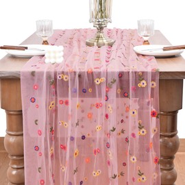 Joanlody 3pcs Blushing Pink Embroidery Daisy Spring Summer Table Runner Florals Seasonal Easter Tulle Table Runner Holiday Kitchen Dining Table Decoration for Home Party Indoor